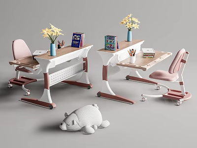 Modern Study Desk With White Pink Frame Pink Chair Yellow Flowers Books And Pencil Holder 3d model