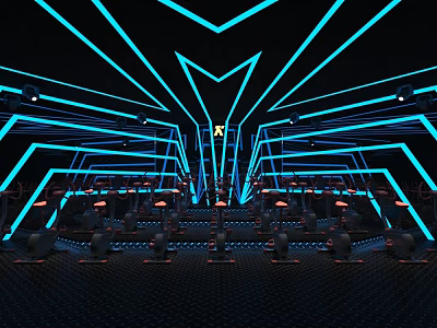 Modern Fitness Gym With Blue Neon Lights And Aligned Workout Equipment Rows 3d model