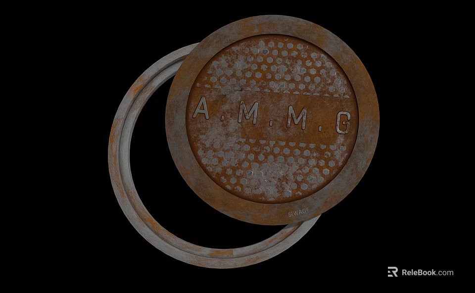 Road Facility Rusty Circular Metal Cover With A.M.M.G Letters And Metal Ring 3d model 