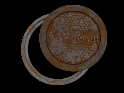 Road Facility Rusty Circular Metal Cover With A.M.M.G Letters And Metal Ring 3d model