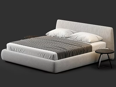 Modern Upholstered Double Bed With Gray Striped Quilt White Pillows And Small Round Side Tables 3d model