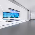 Modern Exhibition Hall Interior Design With Curved Counter Glass Walls And Lighting