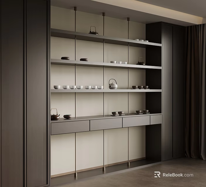 Modern Minimalist Tea Cabinet With Multiple Shelves And Tea Sets 3d model 
