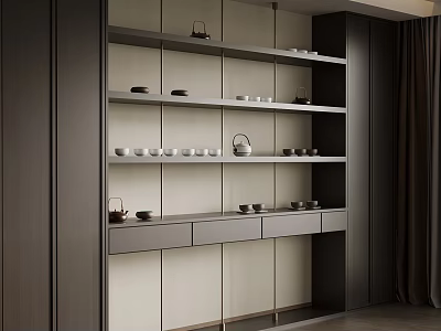 Modern Minimalist Tea Cabinet With Multiple Shelves And Tea Sets 3d model