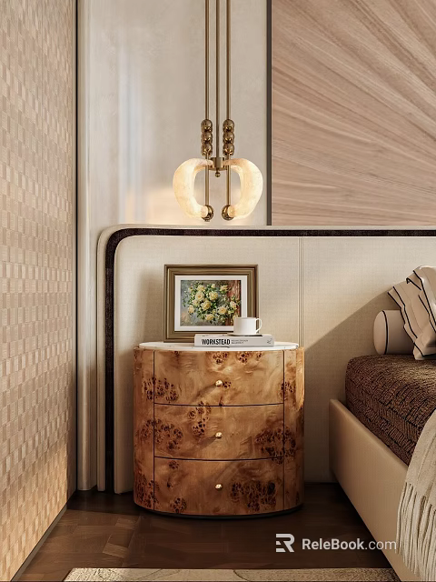 Elegant Wooden Bedside Table With Picture Frame Book Cup Hanging Lamp And Upholstered Headboard 3d model 