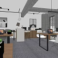 Public Office Space Modern Design With Wooden Tables Laptops Chairs Wall Art And Gray Carpet