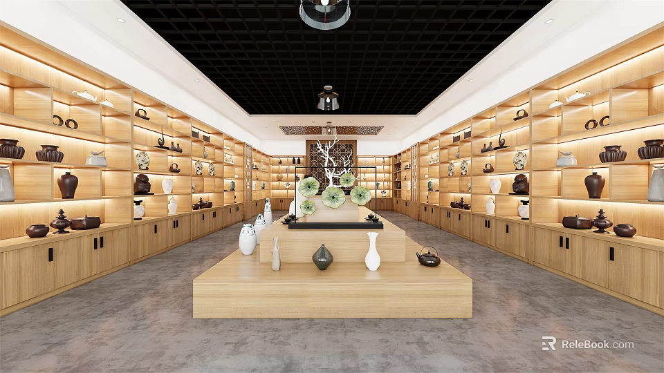 Traditional Chinese Showroom With Wooden Shelves Ceramic Displays Central Platform And Green Plants 3d model 