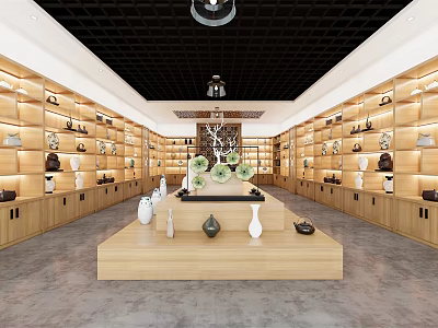 Traditional Chinese Showroom With Wooden Shelves Ceramic Displays Central Platform And Green Plants 3d model