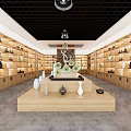 Traditional Chinese Showroom With Wooden Shelves Ceramic Displays Central Platform And Green Plants