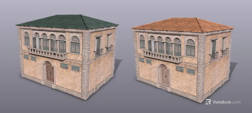 Traditional Stone Buildings With Green And Orange Roofs Arched Windows And Balconies 3d model 