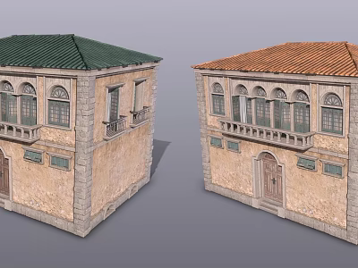 Traditional Stone Buildings With Green And Orange Roofs Arched Windows And Balconies 3d model