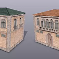 Traditional Stone Buildings With Green And Orange Roofs Arched Windows And Balconies