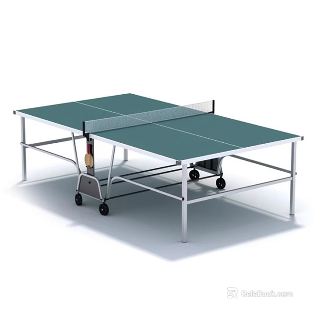 Sports Equipment Foldable Ping Pong Table With Green Top Net And Rolling Wheels 3d model 