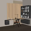 Modern Home Office Desk With Wooden Wall Bookshelf Table Lamp And Chair