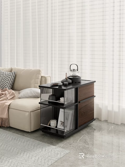 Modern Side Table With Glass Shelves And Wooden Frame Next To Beige Sofa 3d model 