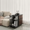 Modern Side Table With Glass Shelves And Wooden Frame Next To Beige Sofa