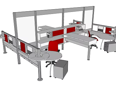 Modular Office Workstations With Red Chairs Storage Cabinets And Partition Screens 3d model