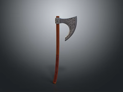 Decorative Axe With Wooden Handle And Ornate Metal Blade Design 3d model