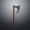 Decorative Axe With Wooden Handle And Ornate Metal Blade Design