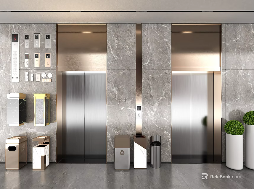 Modern Elevator Hallway With Marble Walls Shiny Elevators Trash Bins And Green Plants 3d model 
