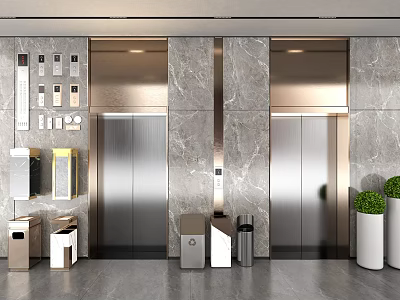 Modern Elevator Hallway With Marble Walls Shiny Elevators Trash Bins And Green Plants 3d model