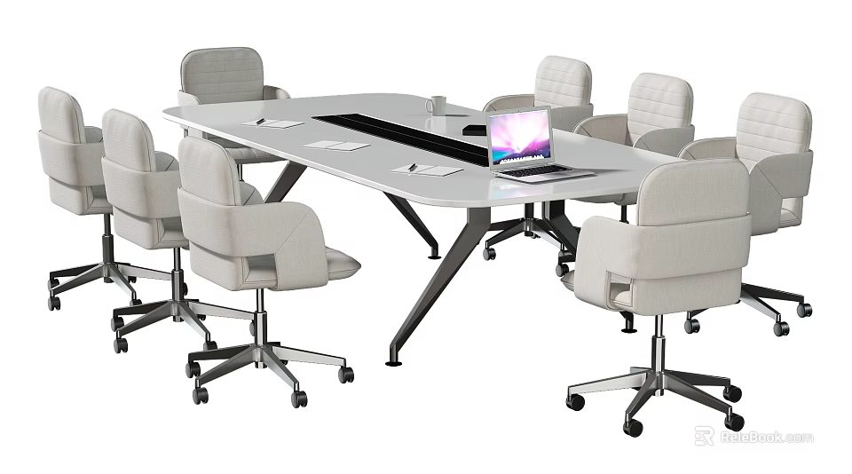 Modern Conference Table Setup With Office Chairs Laptop And Stationery In Meeting Room 3d model 