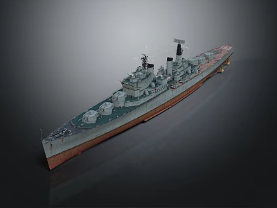 Detailed Warship Model Watercraft With Gray Body Red Bottom Turrets And Antennas 3d model