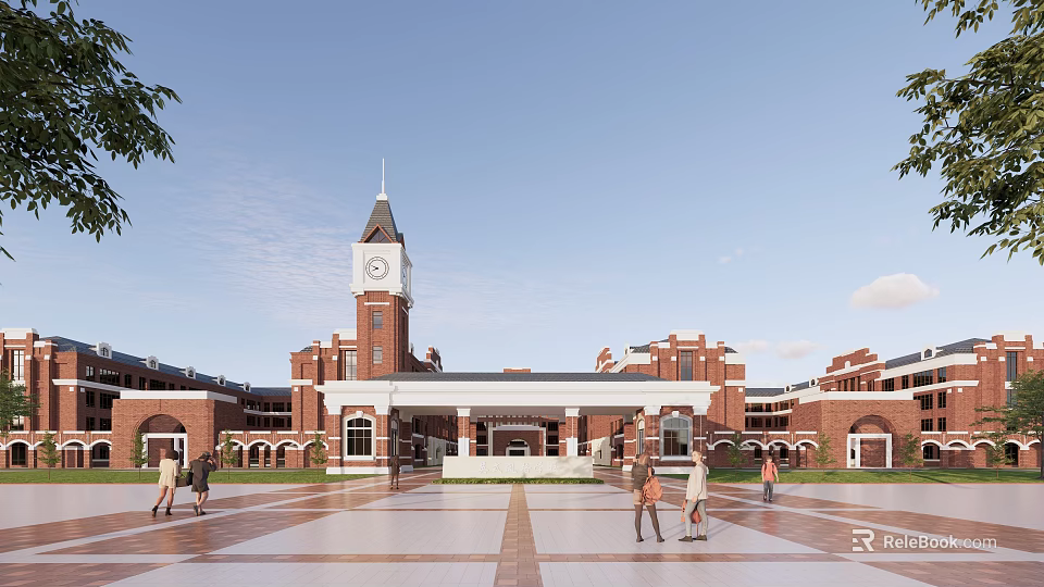 Red Brick School Building Featuring Clock Tower Central Plaza And Students Walking 3d model