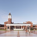 Red Brick School Building Featuring Clock Tower Central Plaza And Students Walking 3d model