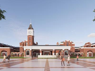 Red Brick School Building Featuring Clock Tower Central Plaza And Students Walking 3d model