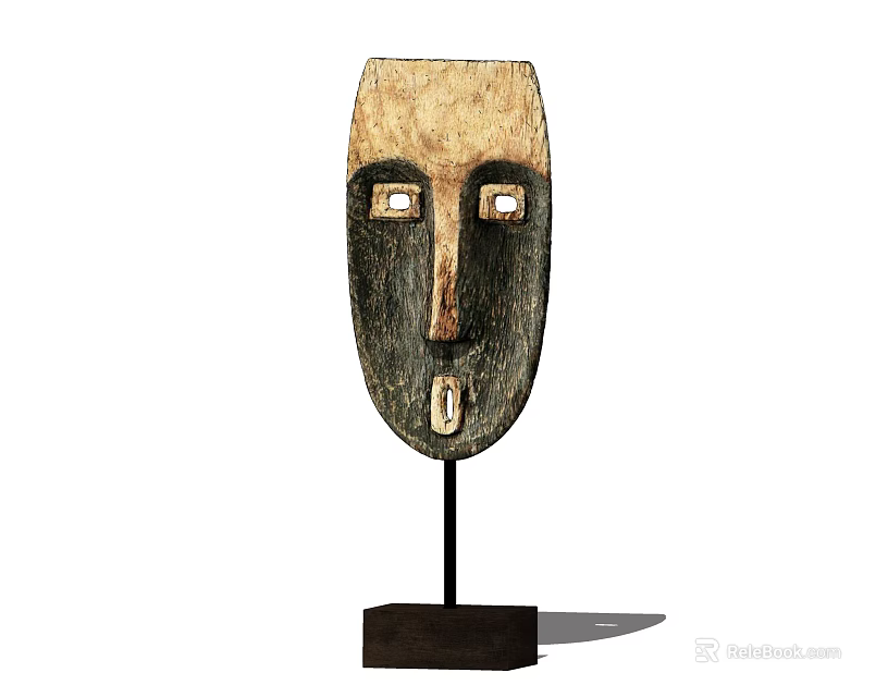 Wooden Mask Shaped Decorative Ornament With Carved Design And Black Base For Home Decor 3d model 