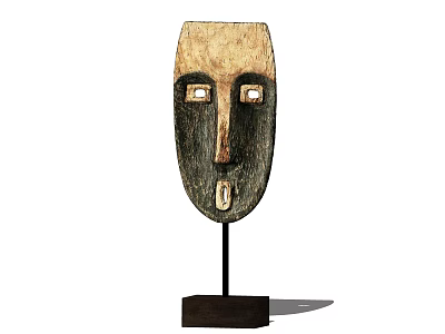 Wooden Mask Shaped Decorative Ornament With Carved Design And Black Base For Home Decor 3d model