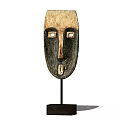 Wooden Mask Shaped Decorative Ornament With Carved Design And Black Base For Home Decor