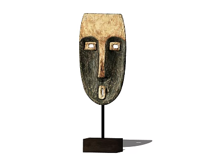 Wooden Mask Shaped Decorative Ornament With Carved Design And Black Base For Home Decor 3d model
