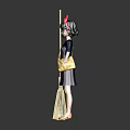 Adorable Girl Doll Wearing Dark Blue Dress With Red Bow And Yellow Bag Near Broom