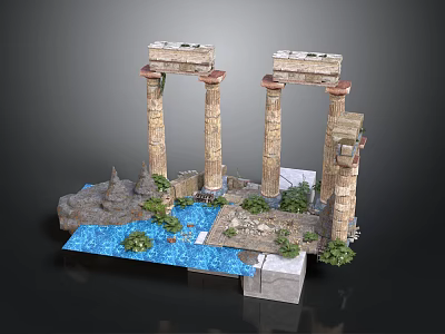 Ancient Architectural Scene Model With Tall Columns Water Pool And Green Plants 3d model