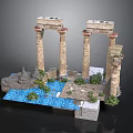 Ancient Architectural Scene Model With Tall Columns Water Pool And Green Plants