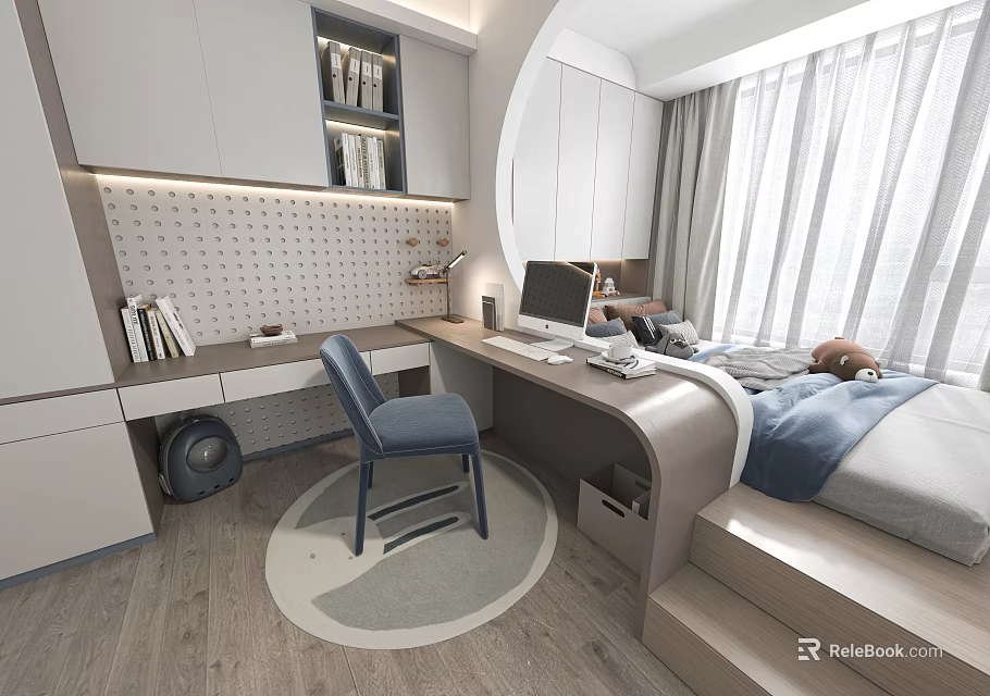 Modern Tatami Bedroom Interior With Desk Chair Storage Cabinets And Window Curtains 3d model 