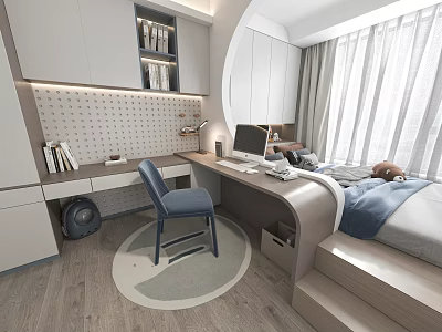 Modern Tatami Bedroom Interior With Desk Chair Storage Cabinets And Window Curtains 3d model