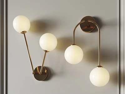 Modern Gold Metal Wall Lamps with White Globe Shades Mounted on Gray Wall 3d model