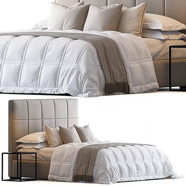Modern Double Bed With Upholstered Headboard And Textured Quilted Bedding 3d model 