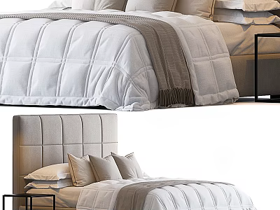 Modern Double Bed With Upholstered Headboard And Textured Quilted Bedding 3d model