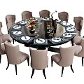 Elegant Round Black Dining Table Set With Beige Chairs Tableware Fruit Platter And Decorations 3d model