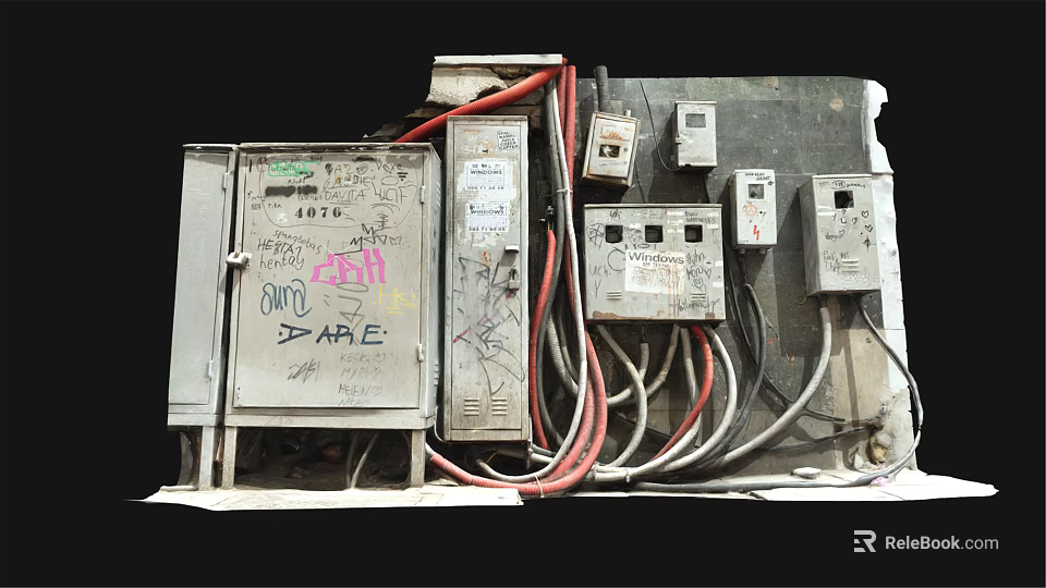 Old Electrical Distribution Boxes With Graffiti Wires And Connected Control Switches 3d model 