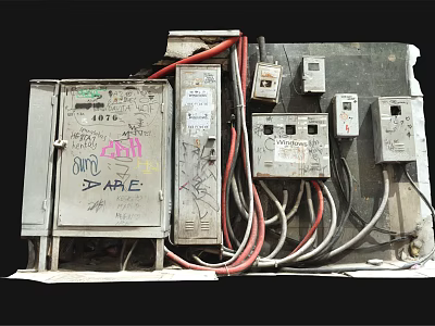 Old Electrical Distribution Boxes With Graffiti Wires And Connected Control Switches 3d model