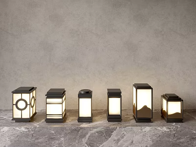 Various Modern Outdoor Lights With Different Designs On Stone Floor Against Concrete Wall 3d model