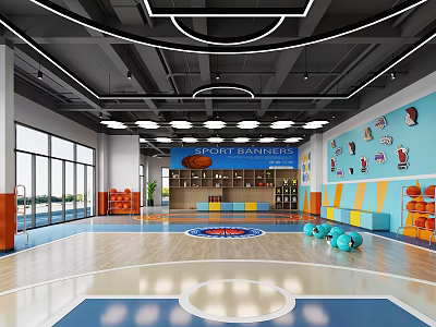 Modern Indoor Basketball Court With Sports Gear And Wall Decor 3d model