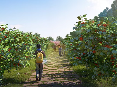 Scenic Garden Landscape With Stone Path Lined By Red Fruit Bushes And People Walking 3d model