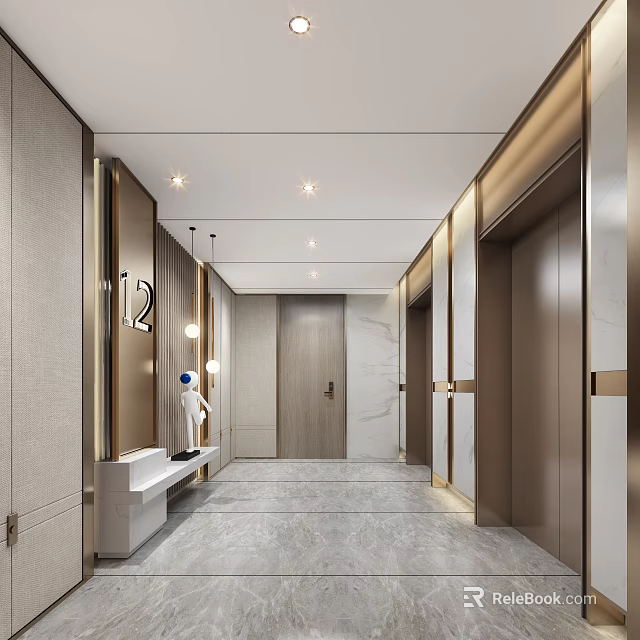 Modern Elevator Hallway Interior With Ceiling Lights And Stylish Decor 3d model