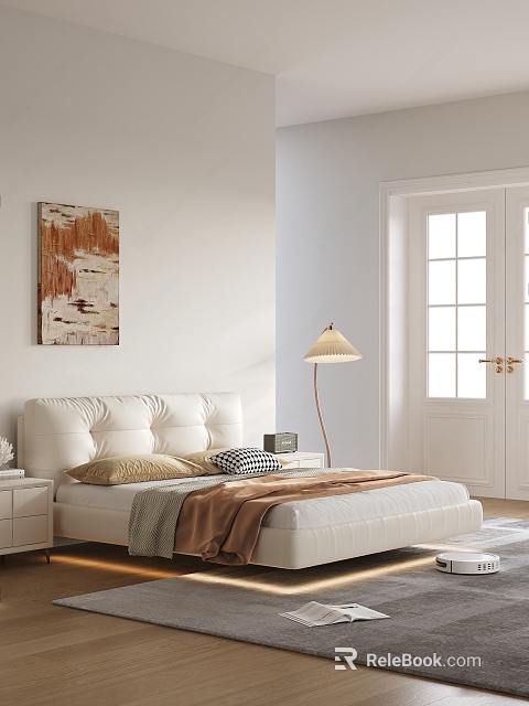 Modern Bedroom Interior Design With White Bed Nightstand Floor Lamp And Wall Artwork 3d model 